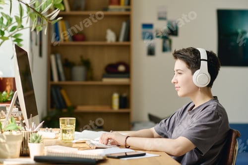 Preview: Serious teenage girl listening to music in headphones while networking