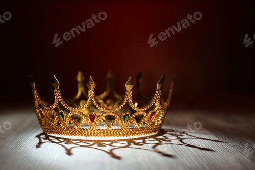 Preview: Beautiful golden crown with gems on wooden table. Fantasy item