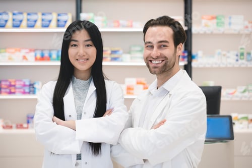 Preview: Pharmacists druggists standing with arms crossed at the cash point desk in pharmacy drugstore