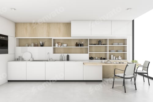 Preview: 3d rendering white kitchen with minimal style decor