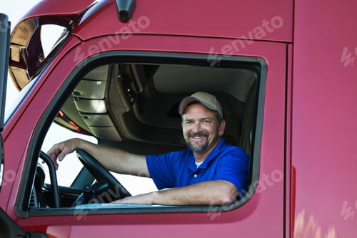 Preview: Portrait of a Caucasian man driver and his commercial truck.