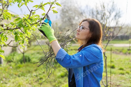 Preview: Spring pruning garden, woman with garden scissors pruning on fruit trees