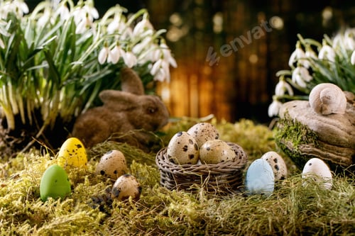 Preview: Easter card with blossom spring flowers snowdrops in forest