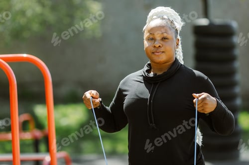 Preview: Afro-american plus size woman doing workout exercises session outdoor