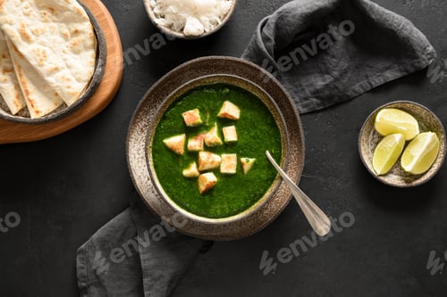 Preview: Palak paneer of spinach and cheese on black.
