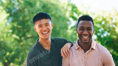 Preview: Same Sex Male Couple or Friends Smiling Together in a Sunny Park on a Warm Afternoon