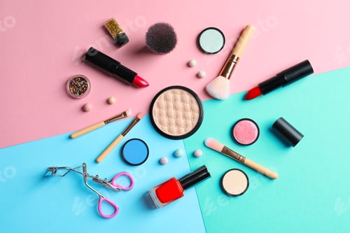 Preview: Flat lay composition with decorative cosmetics on color background