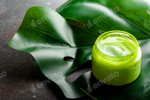 Preview: Cosmetic cream on green leaf top view