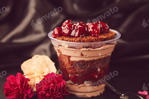 Preview: Natural aesthetic sugar free, vegan, healthy layered dessert with fresh cherry.