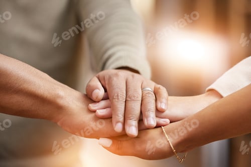 Preview: Business people, hands together and unity in support, trust or teamwork collaboration at office. Gr