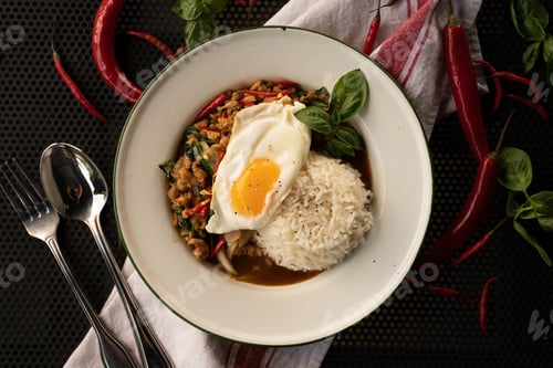 Preview: Overhead shot of a dish with rice and eggs in a white plate near red peppers