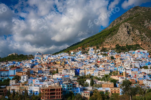 Preview: Panoramic view of Chefchaouen's blue buildings.