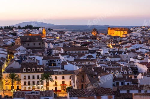 Preview: Rooftops cityscape of Antequera in Andalusia, Spain at evening