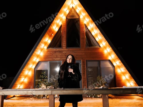 Preview: Happy woman celebrating winter holidays drinking champagne in front of her chalet
