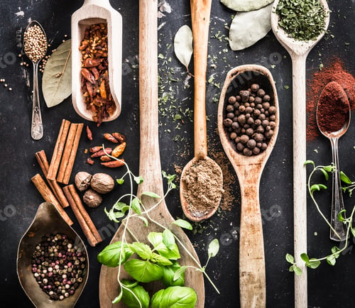 Preview: wooden spoons with spices and herbs