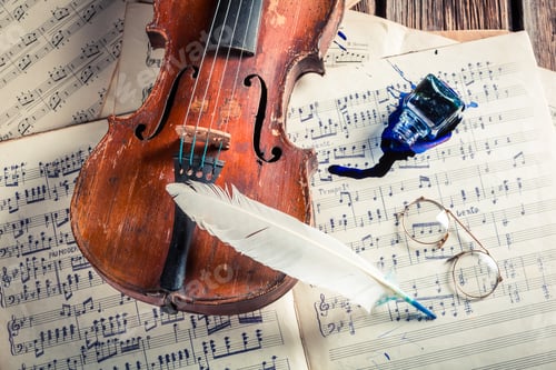 Preview: Aged sheets and violin with ink and feather