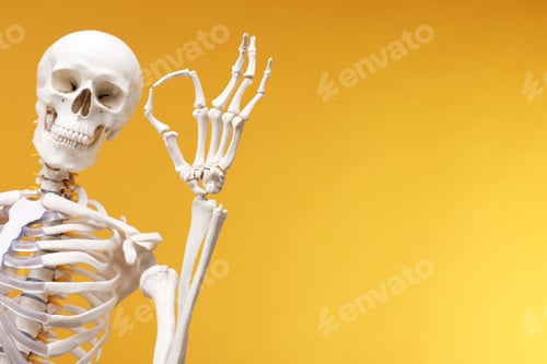 Preview: Human skeleton showing ok gesture on orange background, space for text