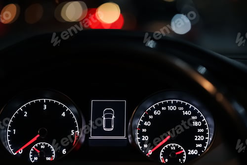 Preview: Closeup view of dashboard with speedometer and tachometer in modern car