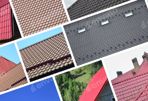 Preview: A collage of many pictures with fragments of various types of roofing. Set of images with roofs
