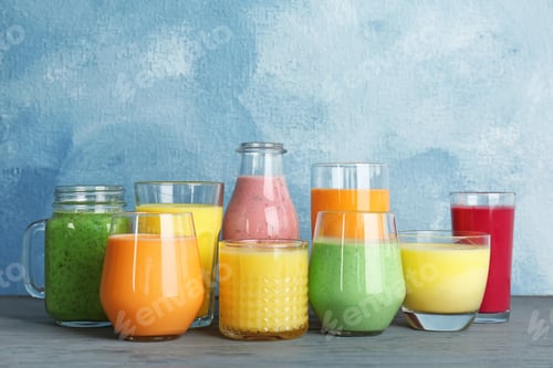 Preview: Glassware with delicious detox smoothies on table