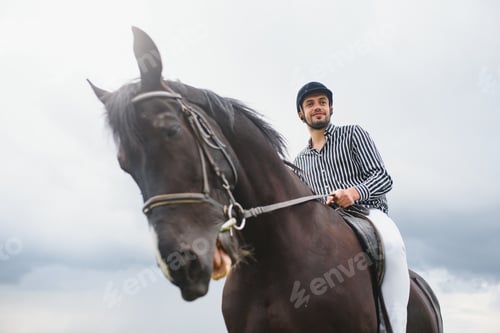 Preview: Beautiful man riding a horse on field at summer