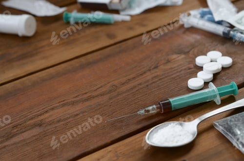Preview: A lot of narcotic substances and devices for the preparation of drugs lie on an old wooden table