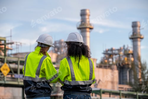 Vista previa: Ingenieros que llevan equipo de seguridad, incluidos cascos, examinan una tableta topográfica de pie, un facial industrial