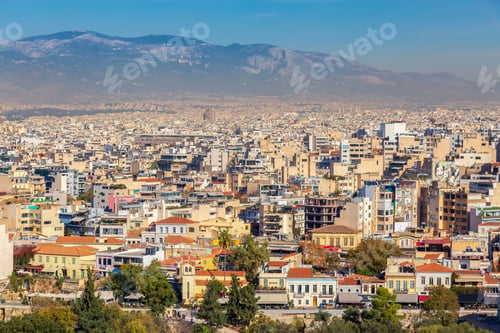 Preview: Residential Homes in a Historic City with Cityscape and Mountains. Areopagus Hill, Athens, Greece