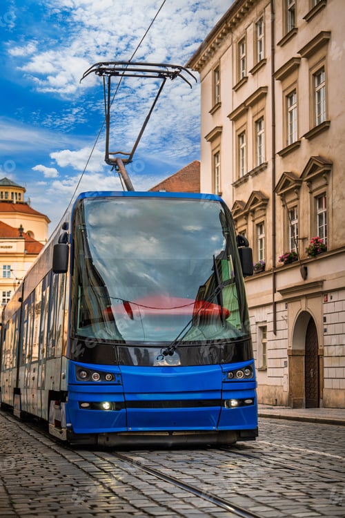 Preview: Modern Tram on Cobblestone Street in Prague, Czech Republic - Urban Transportation