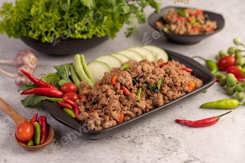 Preview: Spicy minced pork and rice on a black plate.