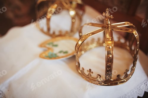 Preview: Wedding crowns. Wedding crown in church ready for marriage ceremony. close up. Divine Liturgy.