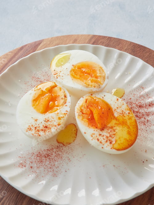Preview: three halves of hard boiled eggs. Healthy and protein food.