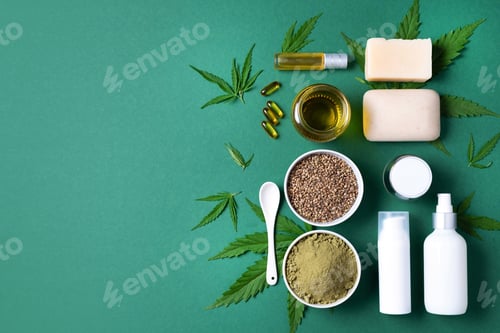 Preview: Flat lay with hemp extract products - cosmetics, lotion, face cream, body butter, soap bars