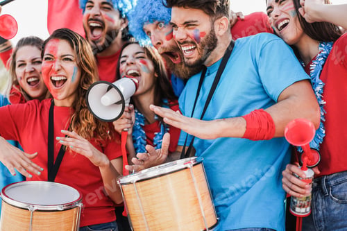 Preview: Crazy sport fans screaming while supporting their team out of the stadium - Focus on right man face