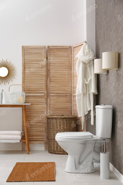 Preview: Ceramic toilet bowl in stylish bathroom. Idea for interior design