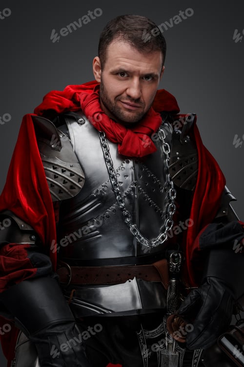 Preview: Medieval knight member of cult against grey background