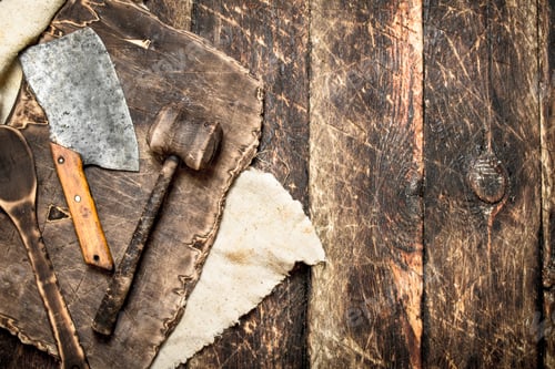 Preview: Serving background. Old kitchen tools cutting Board.