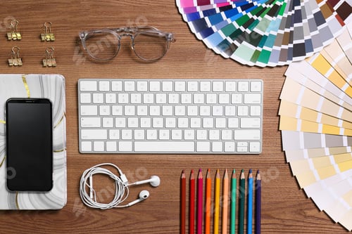 Preview: Flat lay composition with wireless keyboard on wooden table. Designer's workplace