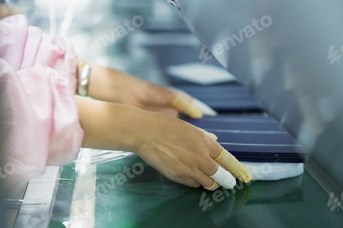 Preview: Female worker in solar panel assembly factory, Solar Valley, Dezhou, China