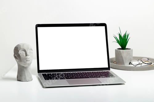 Preview: Laptop screen mockup on minimalistic white desktop. Stylish modern workplace.