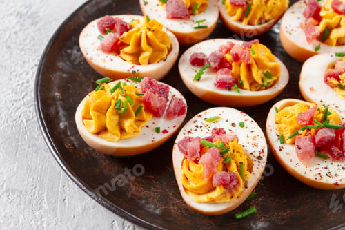 Preview: Spicy, stuffed ramen eggs, with bacon and green onions, homemade, no people,