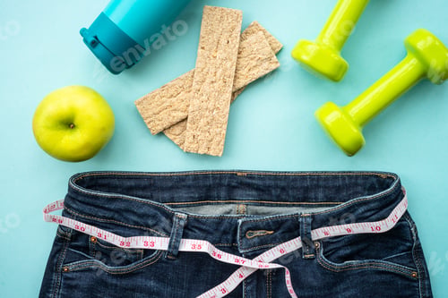 Preview: Diet food, healthy lifestyle and fitness background on blue.