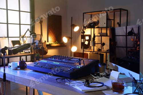 Preview: Professional audio equipment in modern radio studio
