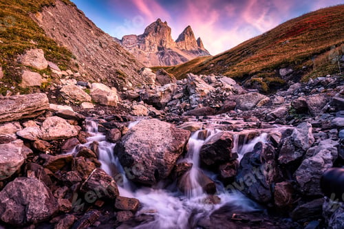 Preview: Aiguilles d'Arves with iconic mountain and waterfall flowing in French Alps