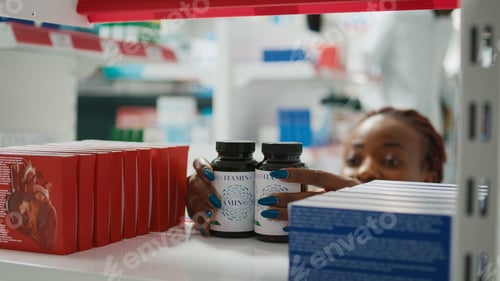 Preview: Female specialist arranging supplements on shelves