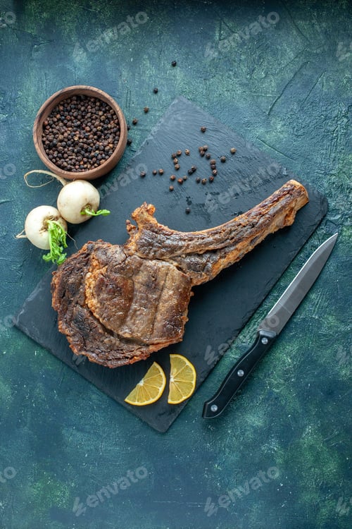Preview: top view fried meat slice on dark background meat food dish barbecue fry color cooking animal ribs