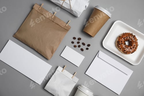 Preview: Flat lay composition with items for mock up design on gray background. Food delivery service
