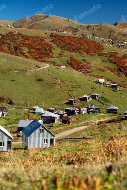 Preview: Beautiful autumn mountain landscape with colorful trees, snow peaks and houses.