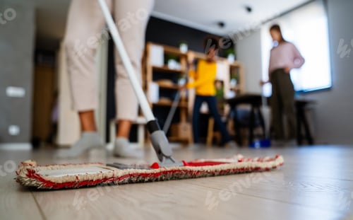 Preview: Housework and domestic chores at home. Mop cleaning floor