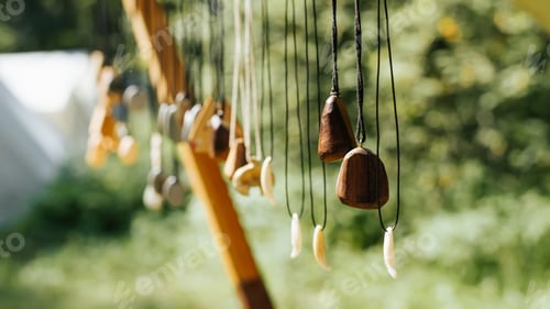 Preview: Craft handmade wooden jewelry decorations hanging outdoors. Sale of rustic ancient amulets.